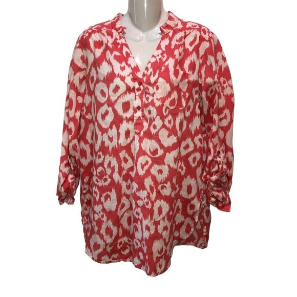 Allison Taylor Medium Pink Peacock Print 3/4 Sleeve Linen Tunic Blouse Top Shirt - Picture 2 of 11
